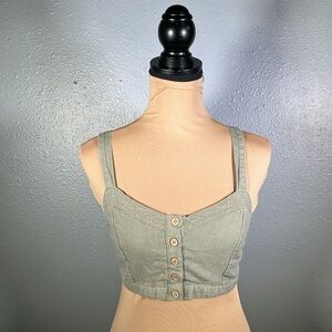 linen blend olive green button down crop top S coastal euro summer cottagecore